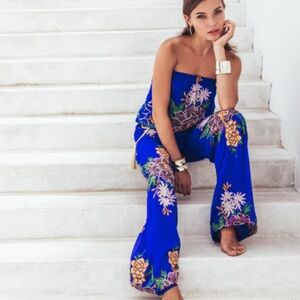 Taj by Sabrina Crippa Albandeira Floral Embroidered Blue Jumpsuit size S